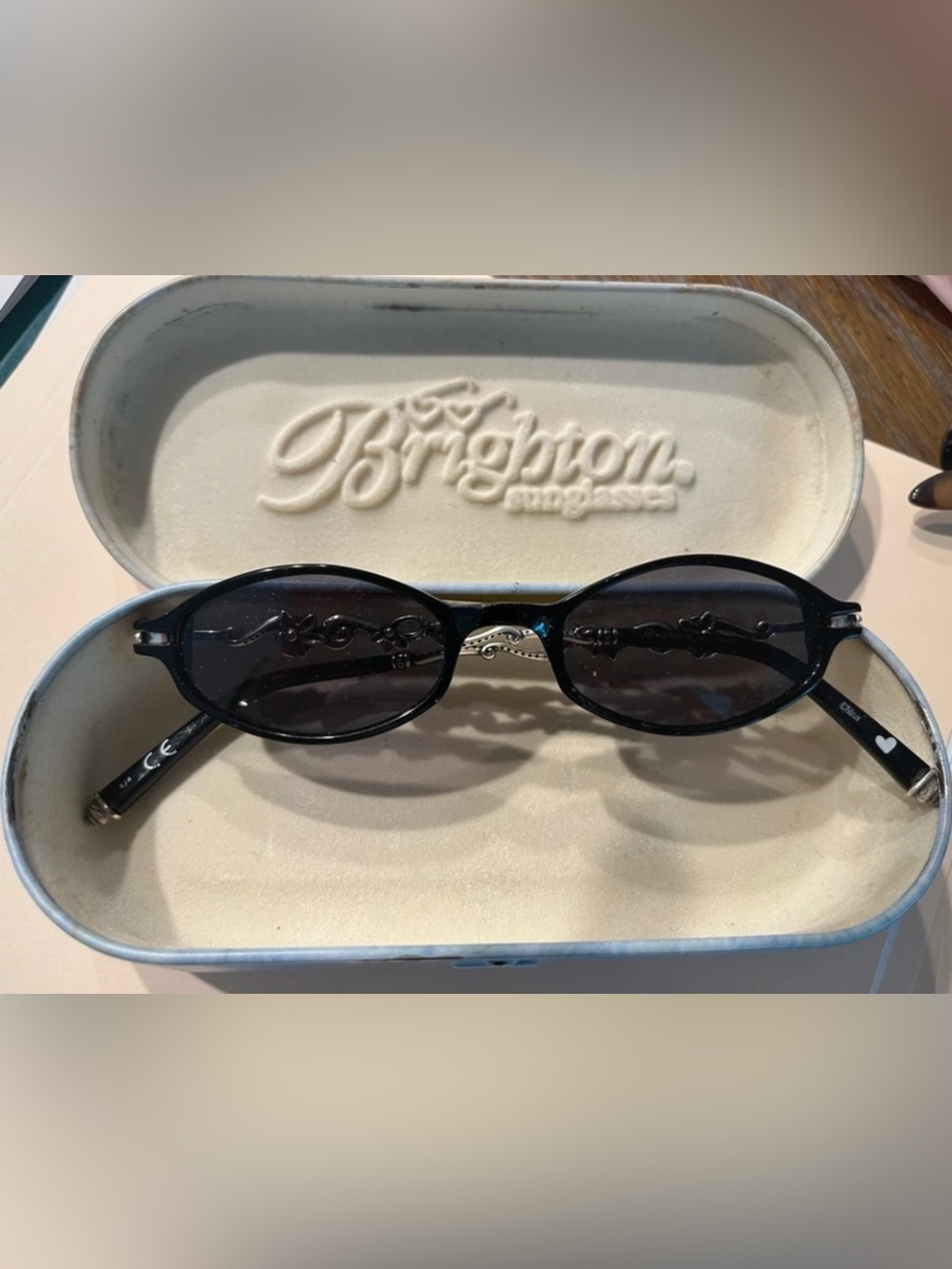 Brighton Black Oval Sunglasses with Decorative Temple Accents